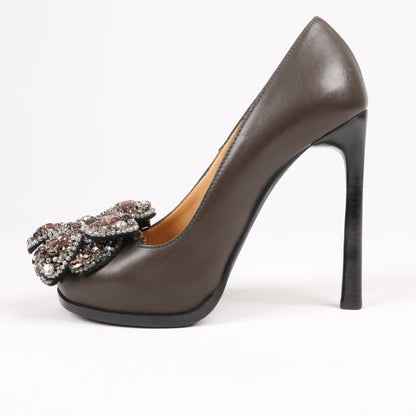 Lanvin Paris Platform Leather Jewel Embellished Heels in  Gray Size 37.5