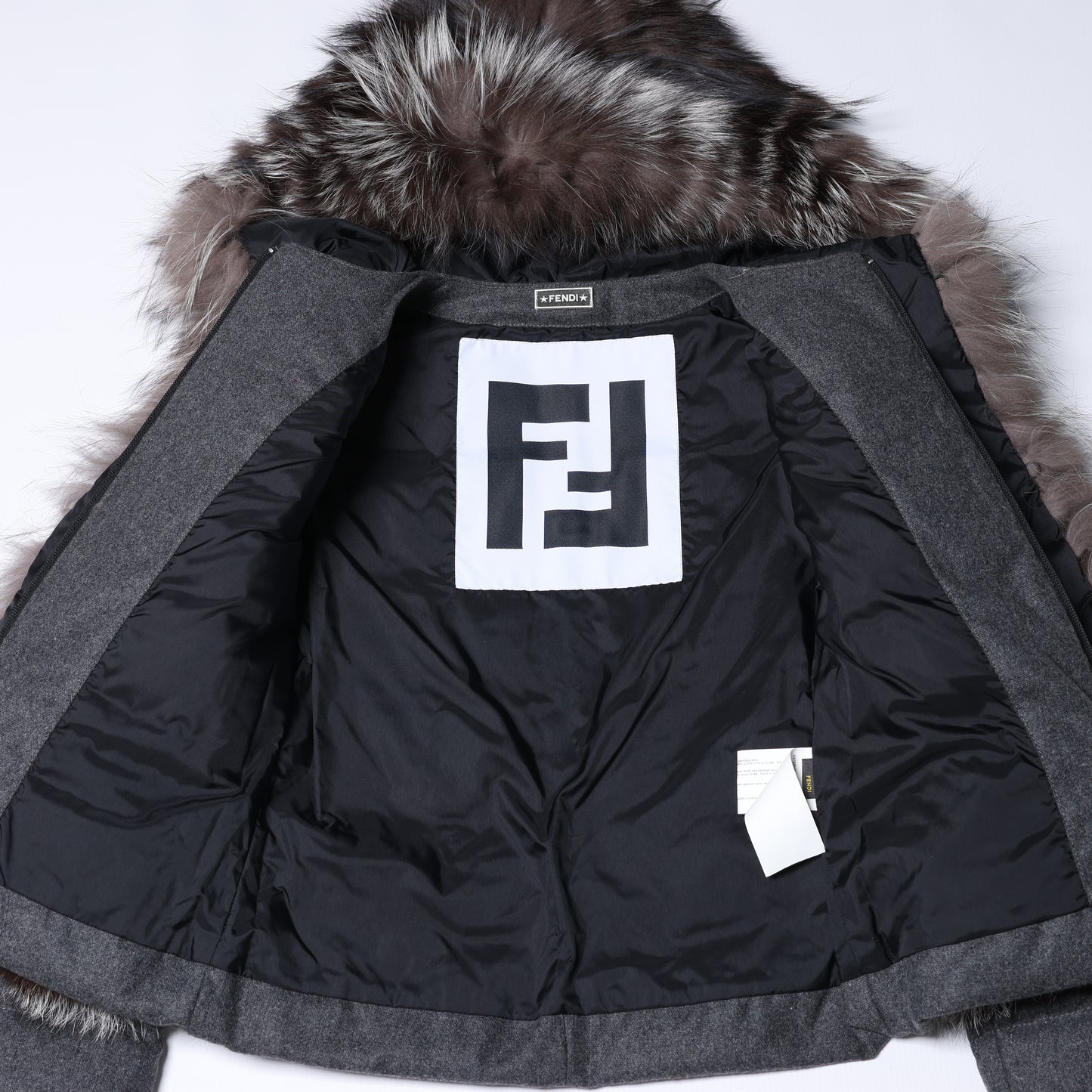 Fendi Wool-Blend Puffer Jacket with Fur Trim, Size 40