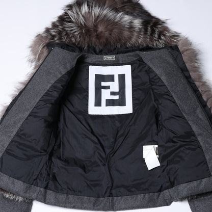 Fendi Wool-Blend Puffer Jacket with Fur Trim, Size 40