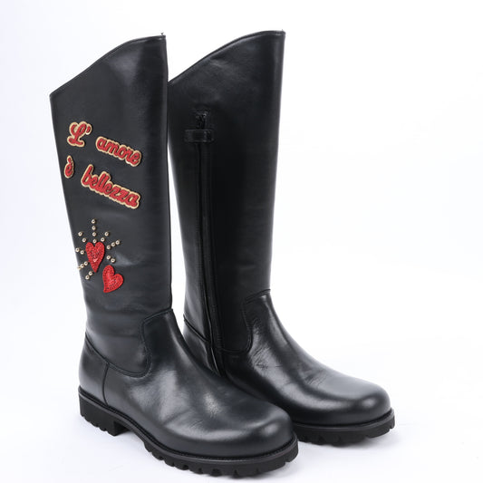 Dolce & Gabbana Leather Boots Black x Red Studs Sequins Patch in Size 37 EU