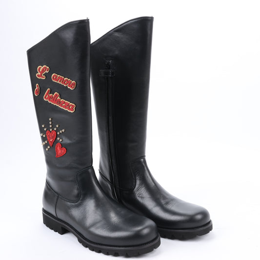 Dolce &amp; Gabbana Lederstiefel Schwarz x Rote Nieten Pailletten Patch in Größe 37 EU