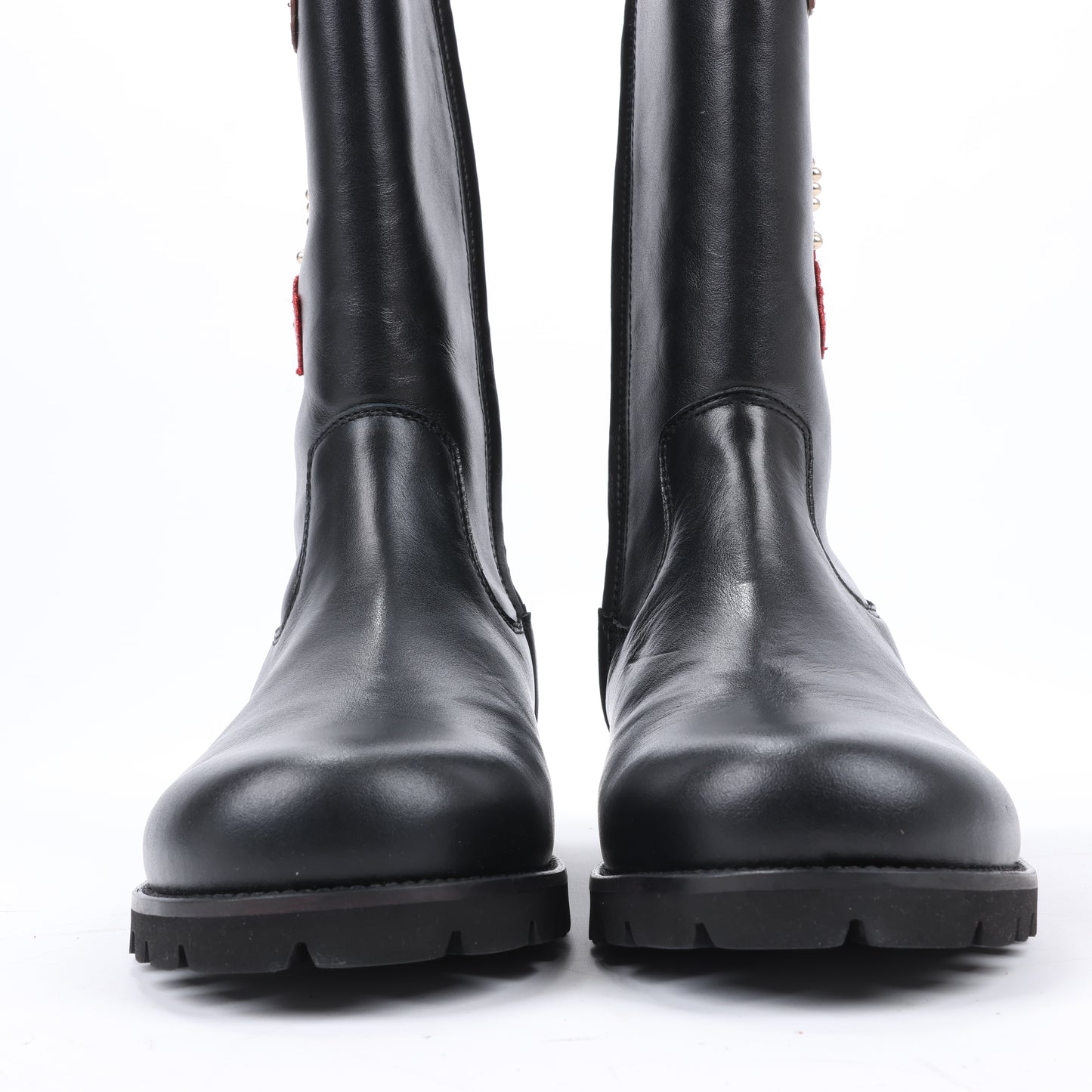 Dolce &amp; Gabbana Lederstiefel Schwarz x Rote Nieten Pailletten Patch in Größe 37 EU