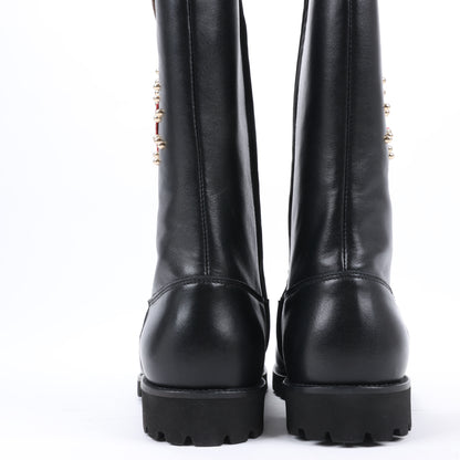 Dolce &amp; Gabbana Lederstiefel Schwarz x Rote Nieten Pailletten Patch in Größe 37 EU