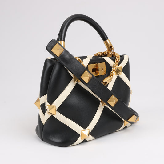 Valentino Garavani Roman Studs Leather 3-way Shoulder Bag in Black x Beige