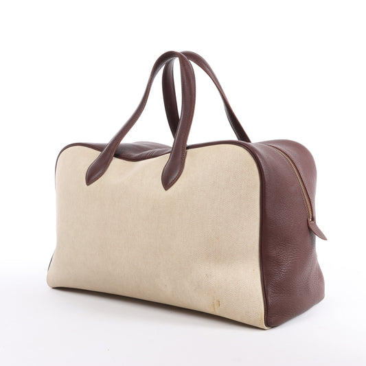 HERMES Victoria 43 Taurillon x Toile Reisetasche in Braun x Beige