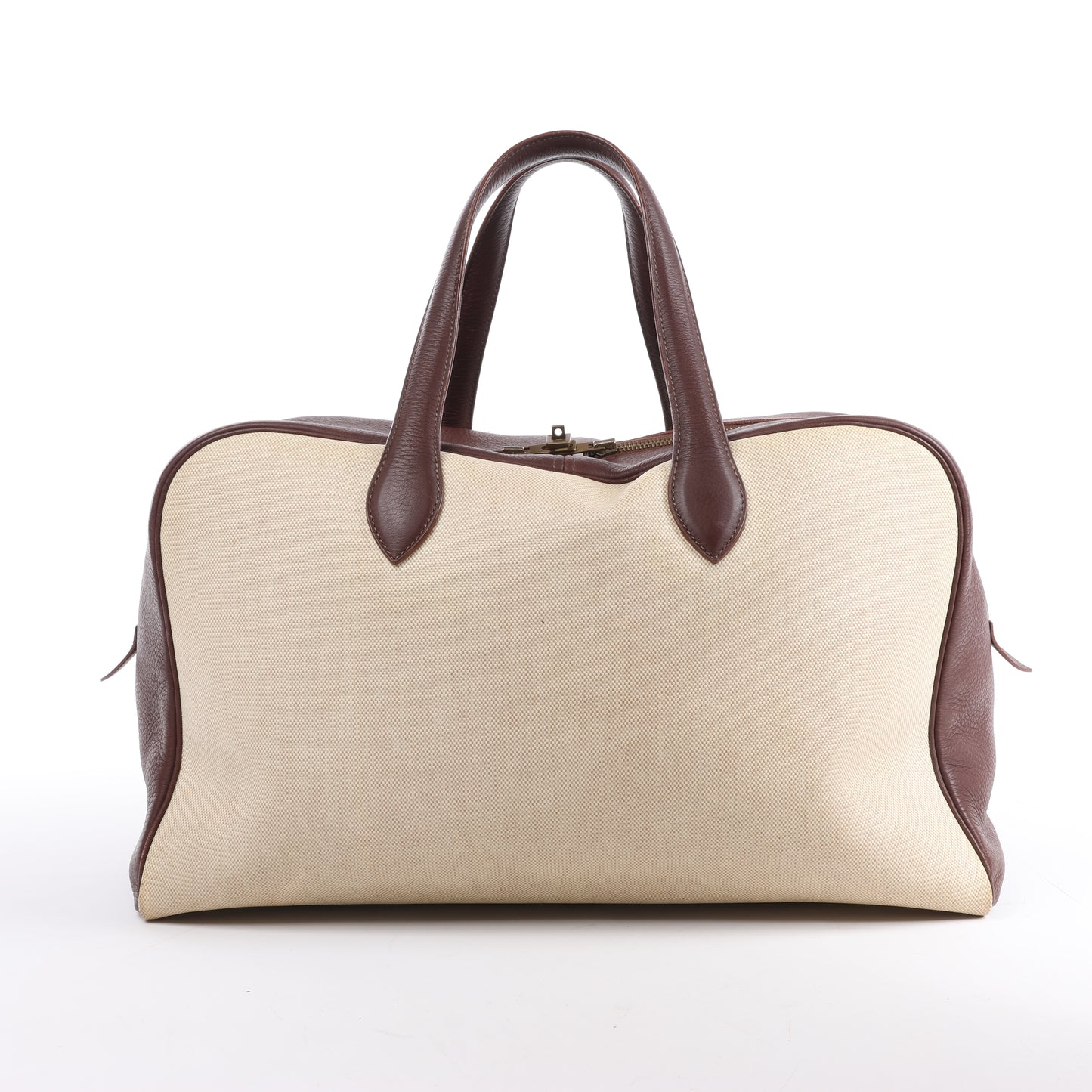 HERMES Victoria 43 Taurillon x Toile Reisetasche in Braun x Beige