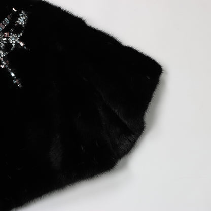 Valentino Black Mink Fur Capelet with Crystal Embellishments - Elegant Evening Wear