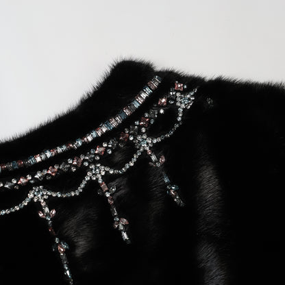 Valentino Black Mink Fur Capelet with Crystal Embellishments - Elegant Evening Wear