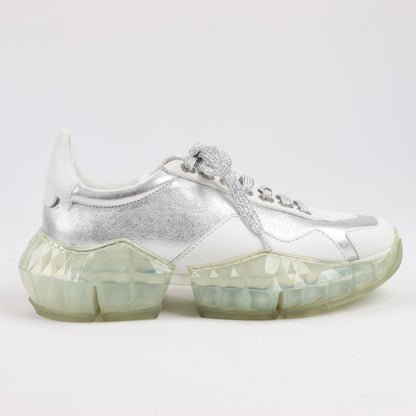 Jimmy Choo Diamond Leder-Sneaker in Weiß x Silber, Größe 38 EU