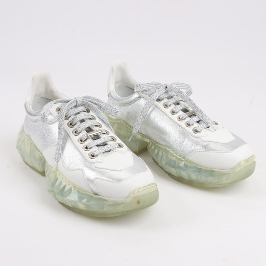 Jimmy Choo Diamond Leder-Sneaker in Weiß x Silber, Größe 38 EU
