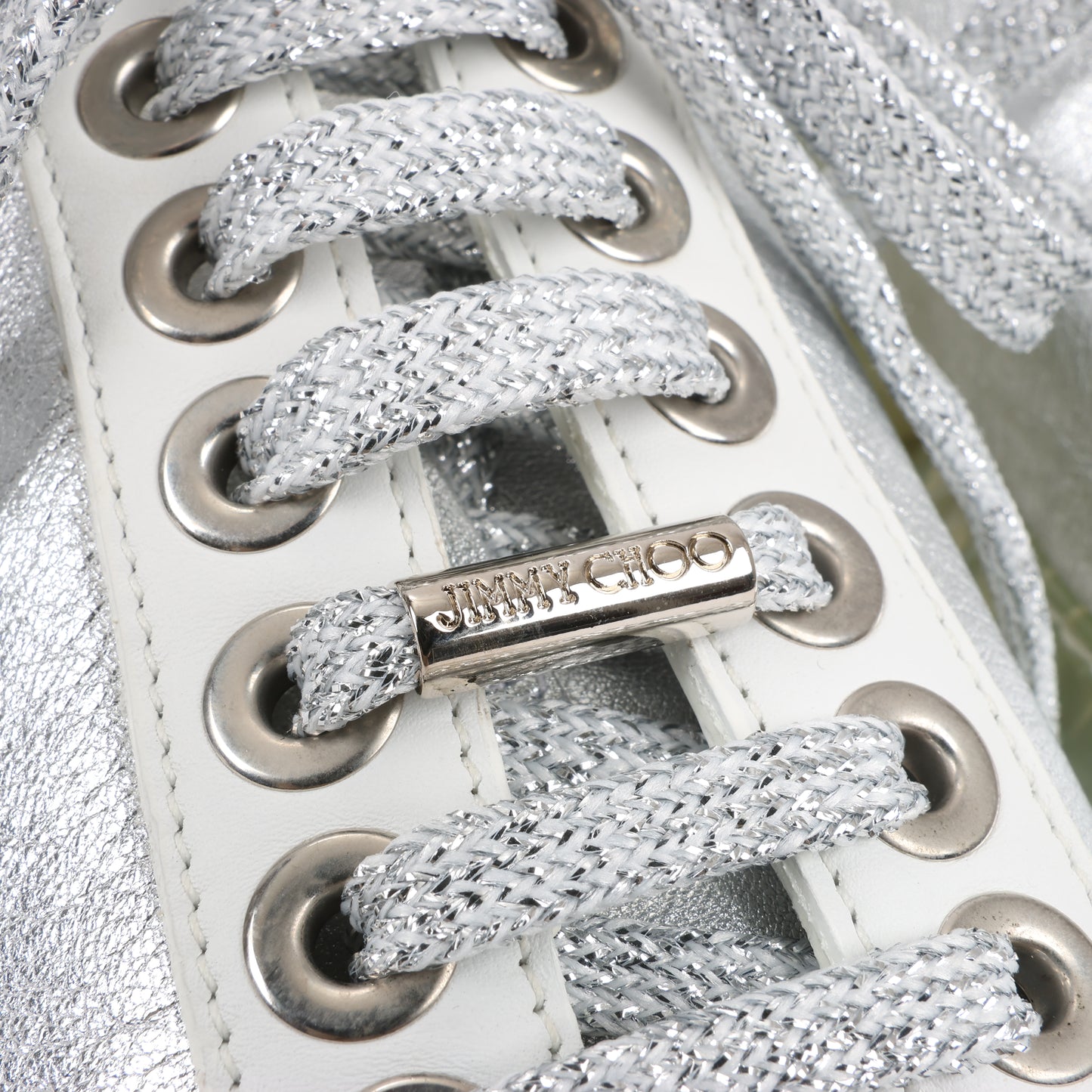 Jimmy Choo Diamond Leder-Sneaker in Weiß x Silber, Größe 38 EU