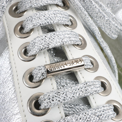Jimmy Choo Diamond Leder-Sneaker in Weiß x Silber, Größe 38 EU