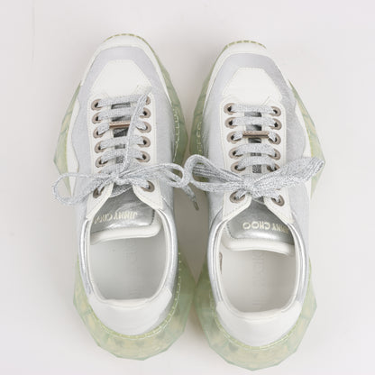 Jimmy Choo Diamond Leder-Sneaker in Weiß x Silber, Größe 38 EU