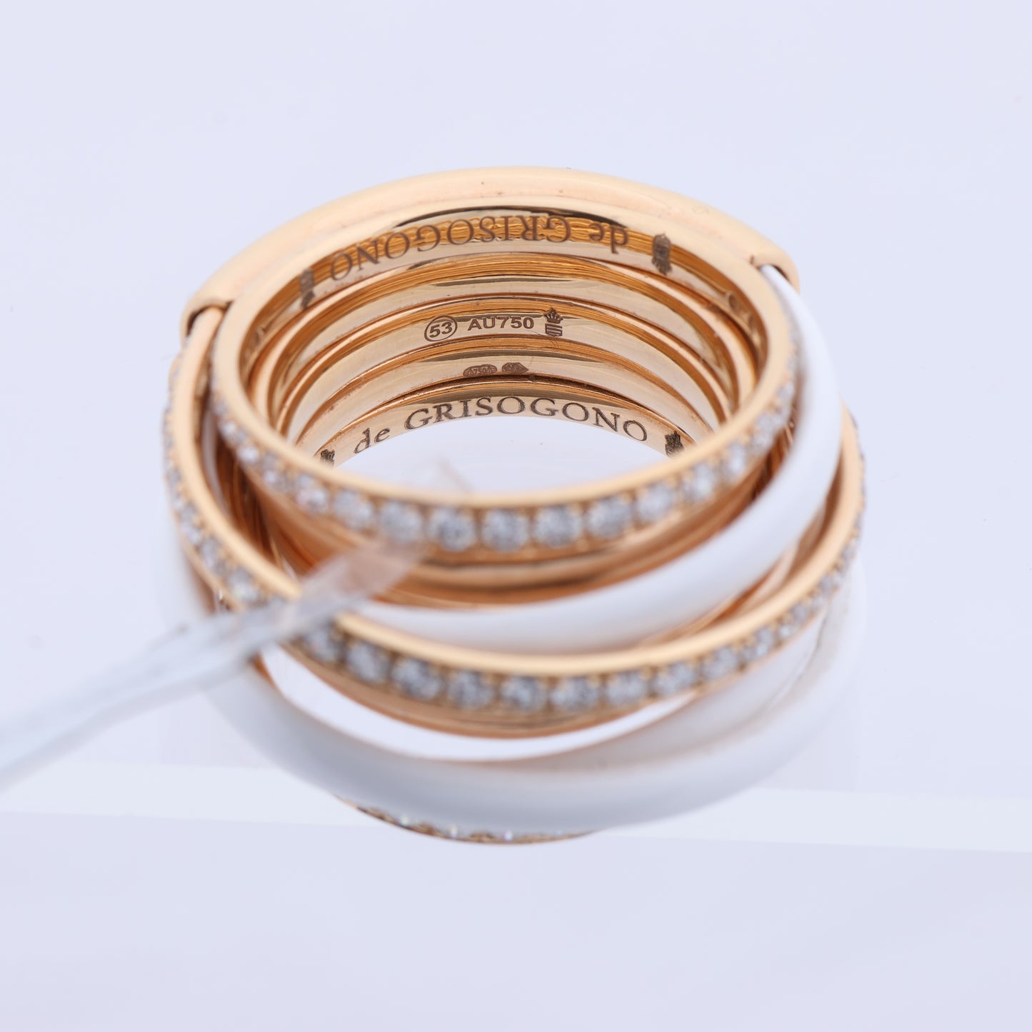 De Grisogono Allegra Rose Gold and White Ceramic with Diamonds Ring, Size 53 EU