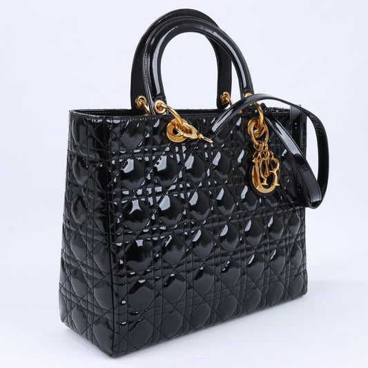 Christian Dior Lady Dior Large Patent Leather 2Way Handbag in Black