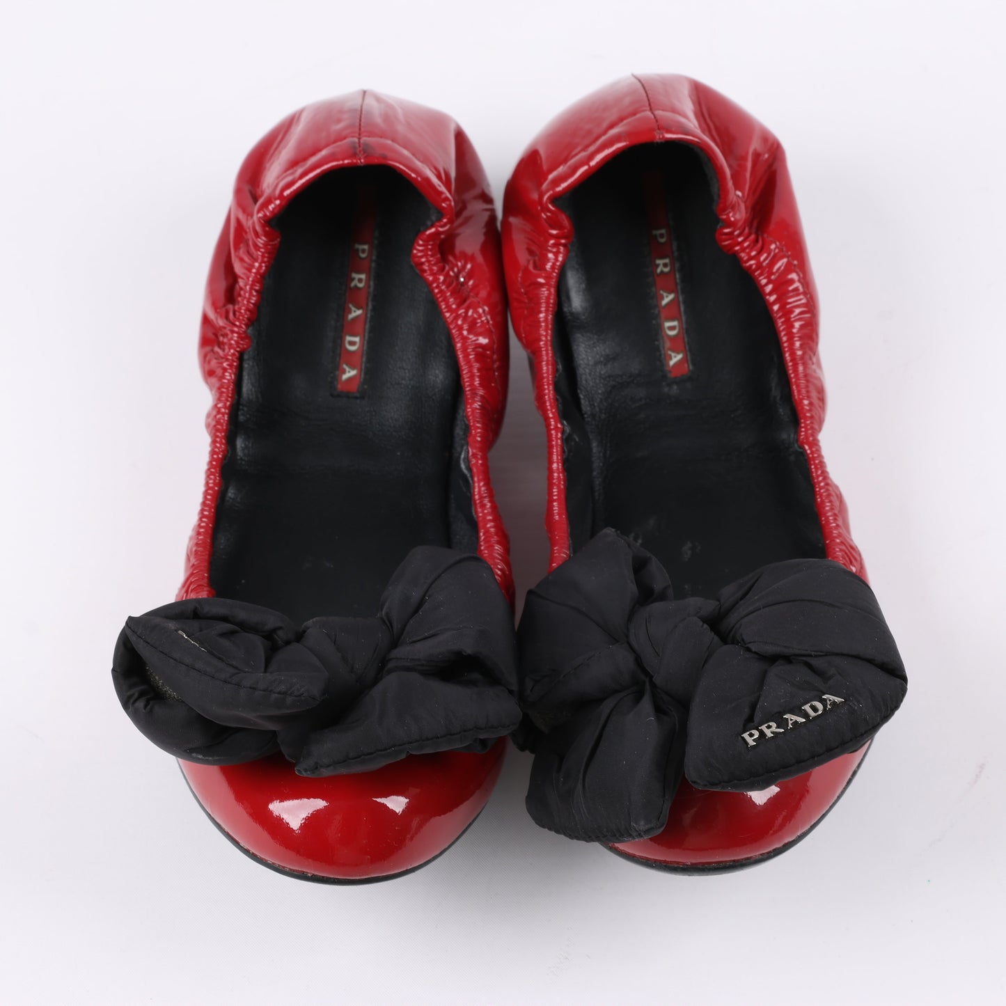 Prada Red Patent Leather Black Bow Scrunch Ballet Flats Size 36.5 EU