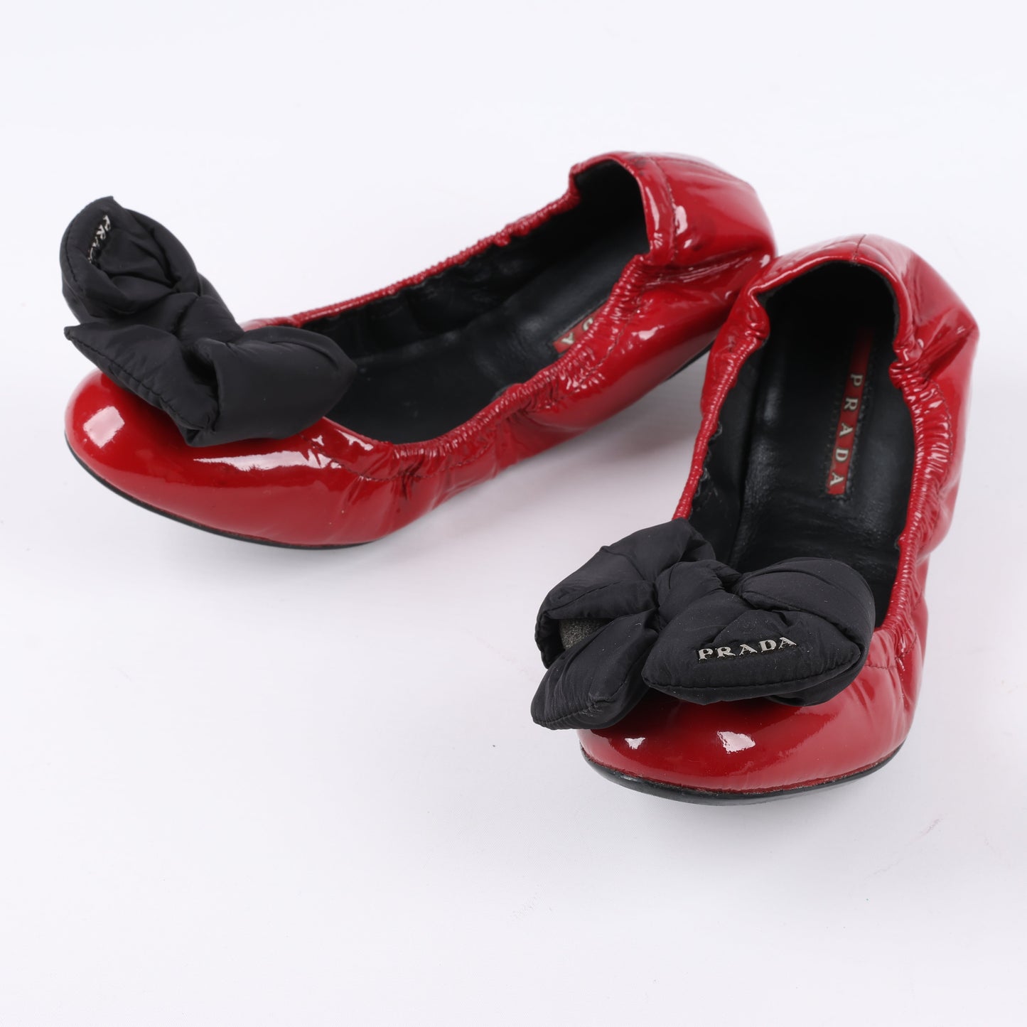 Prada Red Patent Leather Black Bow Scrunch Ballet Flats Size 36.5 EU