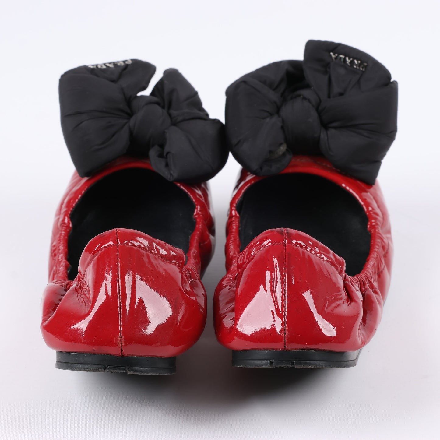 Prada Red Patent Leather Black Bow Scrunch Ballet Flats Size 36.5 EU