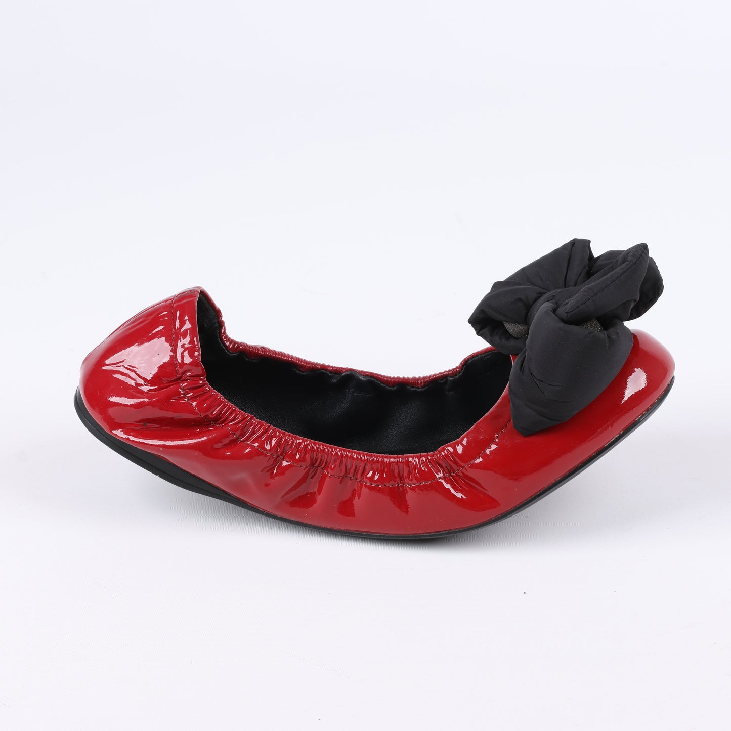 Prada Red Patent Leather Black Bow Scrunch Ballet Flats Size 36.5 EU