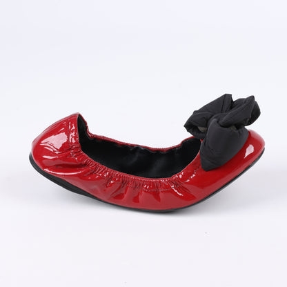 Prada Red Patent Leather Black Bow Scrunch Ballet Flats Size 36.5 EU