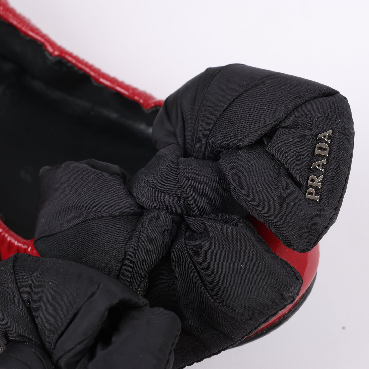 Prada Red Patent Leather Black Bow Scrunch Ballet Flats Size 36.5 EU