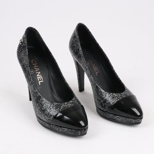 Chanel Coco Mark Leder Heels Schwarz × Silber G29571, Größe 36 EU