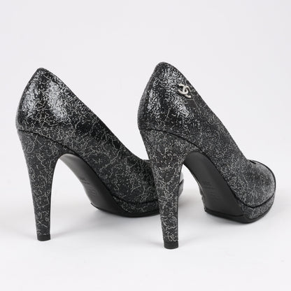 Chanel Coco Mark Leder Heels Schwarz × Silber G29571, Größe 36 EU