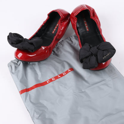 Prada Red Patent Leather Black Bow Scrunch Ballet Flats Size 36.5 EU