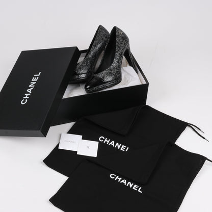 Chanel Coco Mark Leder Heels Schwarz × Silber G29571, Größe 36 EU