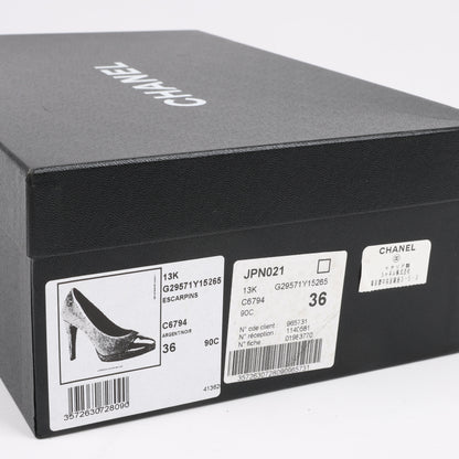 Chanel Coco Mark Leder Heels Schwarz × Silber G29571, Größe 36 EU