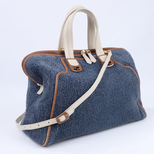 Fendi Chameleon Denim & Leather 2Way Boston Hanbag in Navy Blue 8BL110