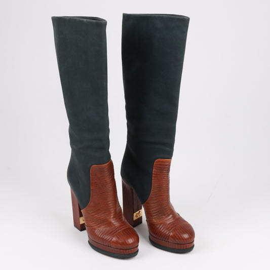 Chanel Coco Mark Nubuck x Leather Long boots in Black × Brown G30177, Size 38 EU