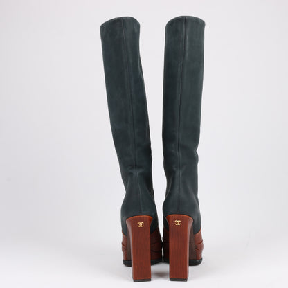 Chanel Coco Mark Nubuck x Leather Long boots in Black × Brown G30177, Size 38 EU