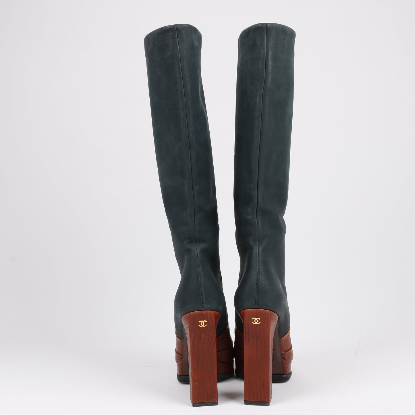 Chanel Coco Mark Nubukleder x Leder Lange Stiefel in Schwarz × Braun G30177, Größe 38 EU