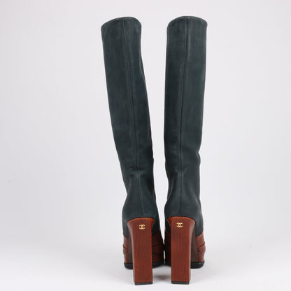 Chanel Coco Mark Nubukleder x Leder Lange Stiefel in Schwarz × Braun G30177, Größe 38 EU