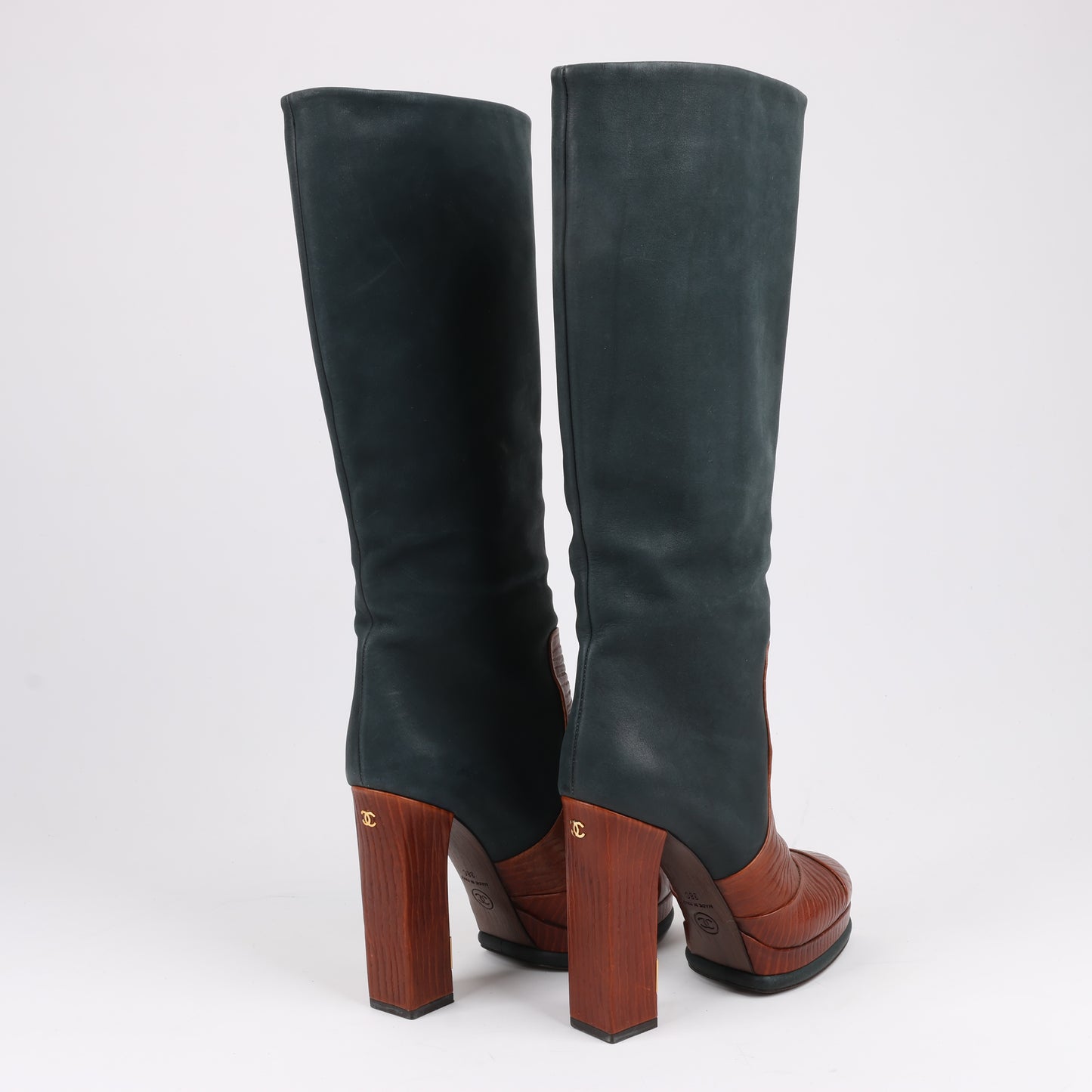 Chanel Coco Mark Nubuck x Leather Long boots in Black × Brown G30177, Size 38 EU