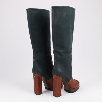Chanel Coco Mark Nubukleder x Leder Lange Stiefel in Schwarz × Braun G30177, Größe 38 EU