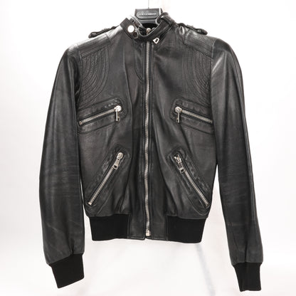 Dolce & Gabbana Black Leather and Leopard Biker Jacket, Size 38