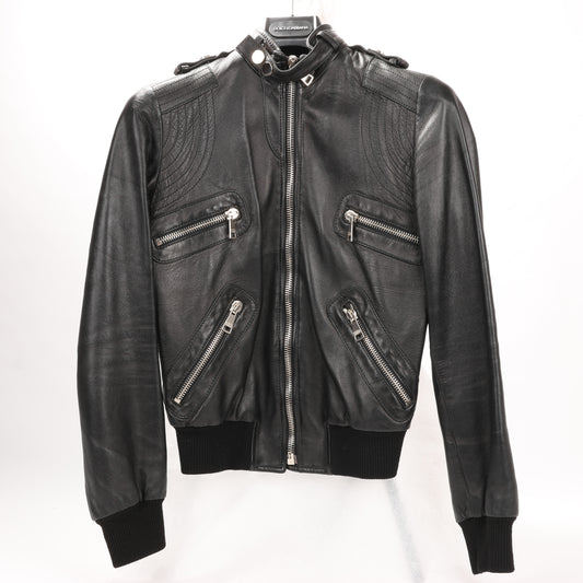 Dolce & Gabbana Black Leather and Leopard Biker Jacket, Size 38