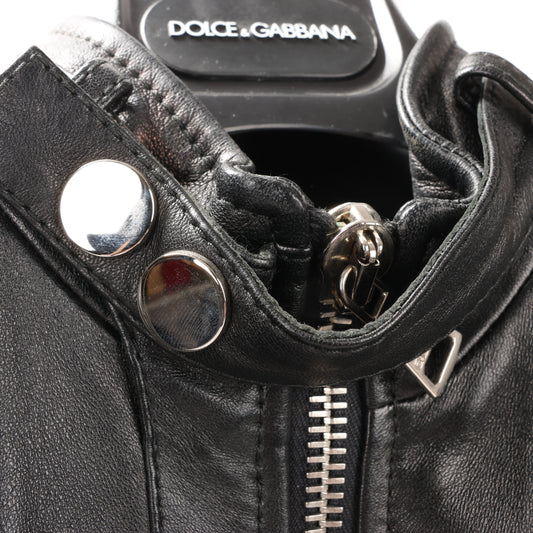 Dolce & Gabbana Black Leather and Leopard Biker Jacket, Size 38