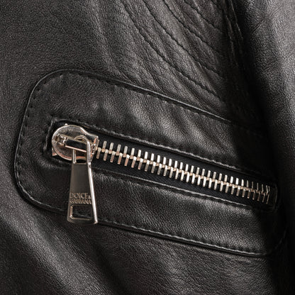 Dolce &amp; Gabbana – Bikerjacke aus schwarzem Leder und Leopardenmuster, Größe 38
