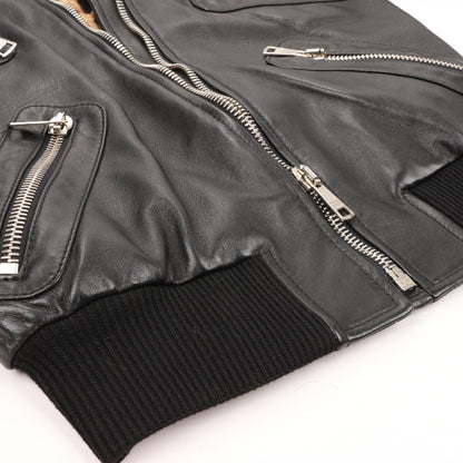 Dolce &amp; Gabbana – Bikerjacke aus schwarzem Leder und Leopardenmuster, Größe 38