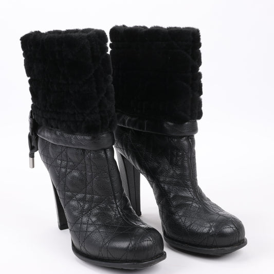 Dior Black Leather Cannage Ice Fur Cuffed Boots, Size 40 EU