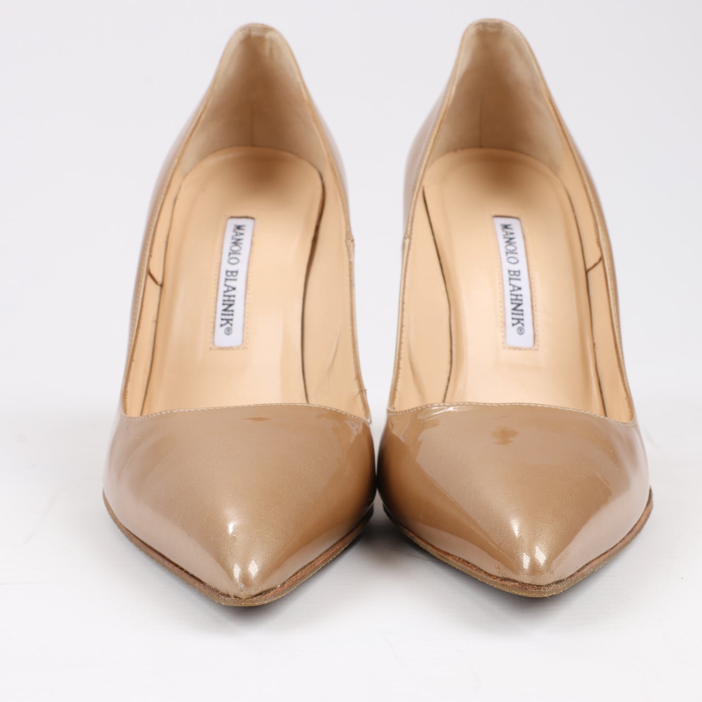 Manolo Blahnik Patent Leather BB Pointed Toe Heels in Beige, Size 40 EU
