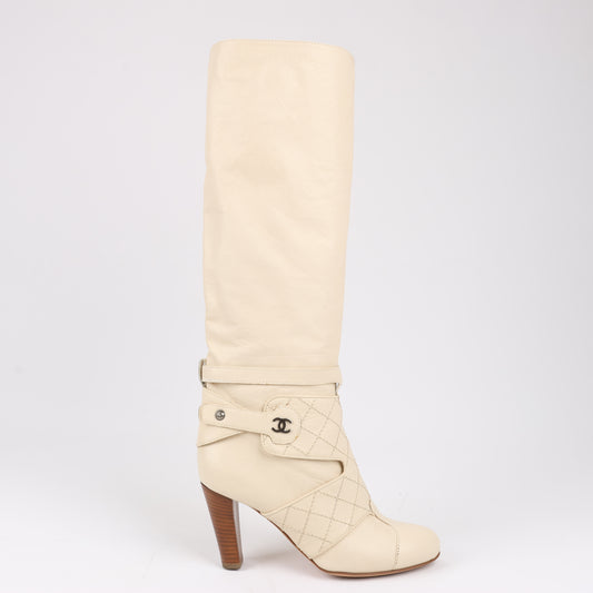 Chanel Coco Mark Matelasse 06A Leather Long Boots in Ivory G25325, Size 38.5 EU