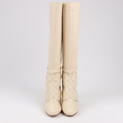Chanel Coco Mark Matelasse 06A Leather Long Boots in Ivory G25325, Size 38.5 EU