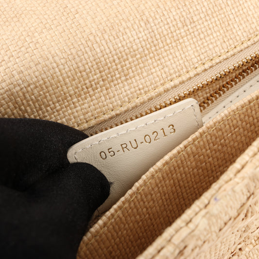 Christian Dior Caro Raffia x Leather Medium Shoulder Bag in Beige