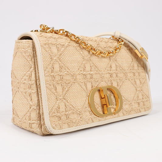 Christian Dior Caro Raffia x Leder, mittelgroße Umhängetasche in Beige