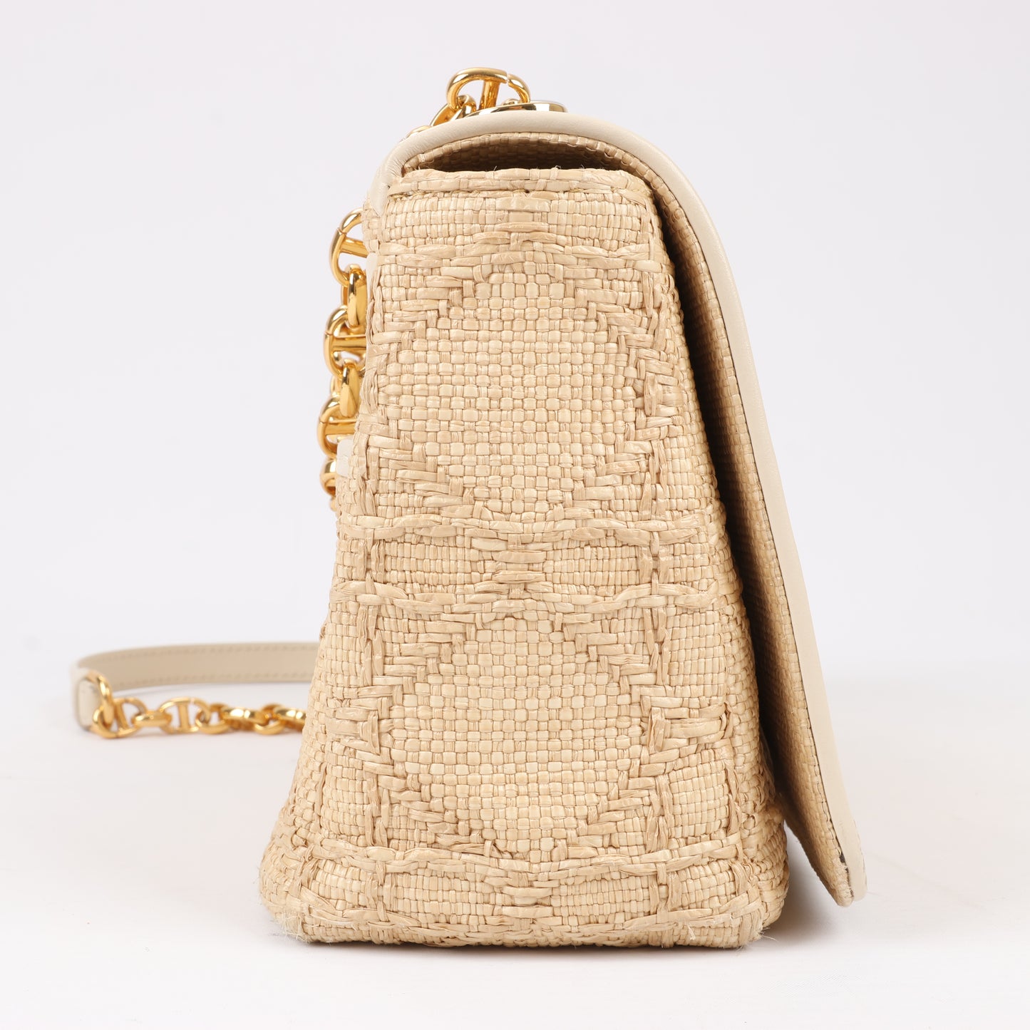 Christian Dior Caro Raffia x Leder, mittelgroße Umhängetasche in Beige