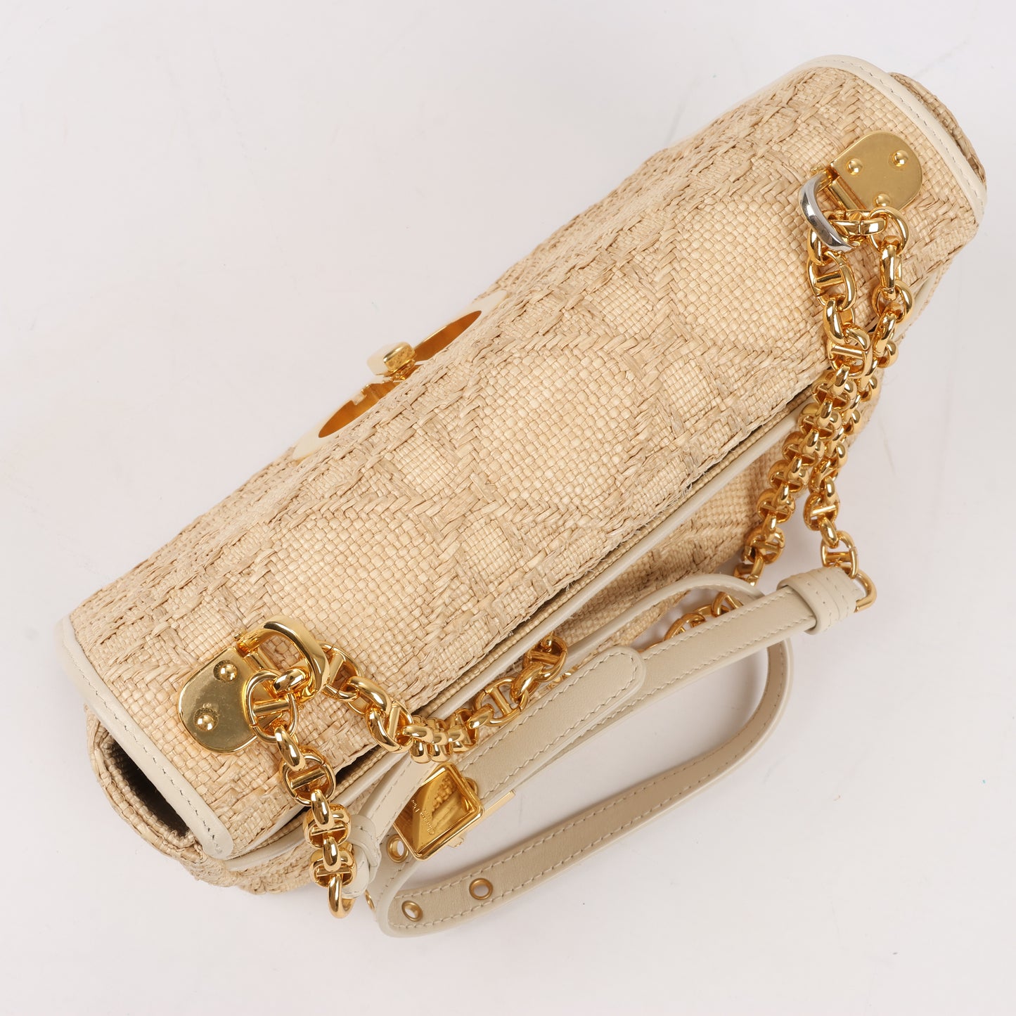 Christian Dior Caro Raffia x Leder, mittelgroße Umhängetasche in Beige